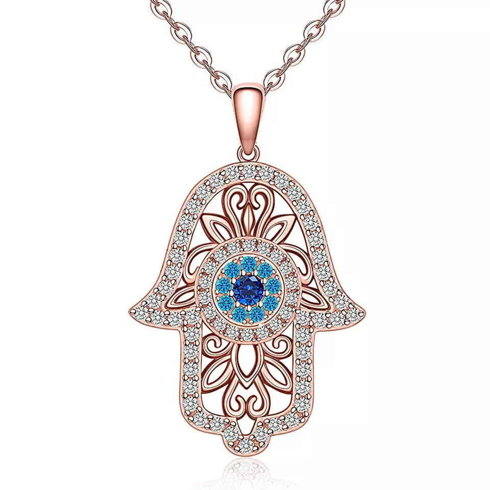 .925 Sterling Silver Hamza Rose Gold Plated Pendant with 18 inch Necklace